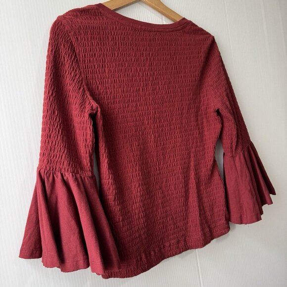 Anthropologie Smocked Bell Sleeve Top Shirt Blouse Wine Red Burgundy Sz Small - Picture 15 of 15